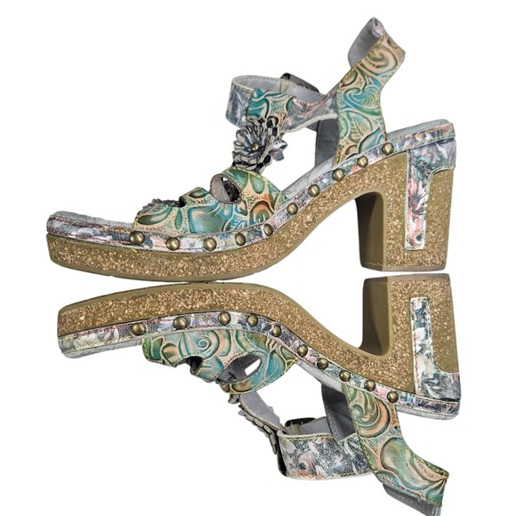 L' Artiste Shoes - L' Artiste 38 Leather Green Floral Platform Sandals Chunky Heel Ankle Strap #368